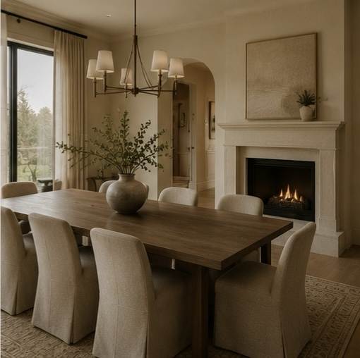 Warm dining room with a refined fireplace, natural materials, and layered residential lighting