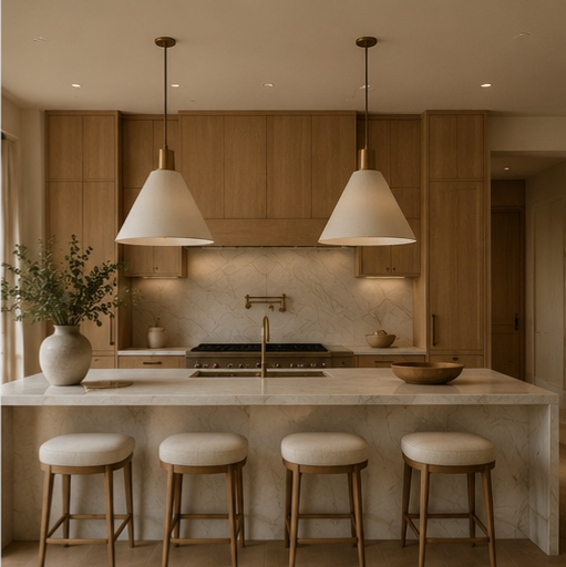 Warm kitchen with natural wood cabinetry, stone surfaces, and sculptural lighting