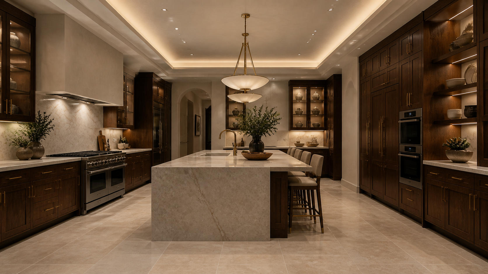 Aspirational luxury kitchen with quartzite, walnut cabinetry, and layered architectural lighting