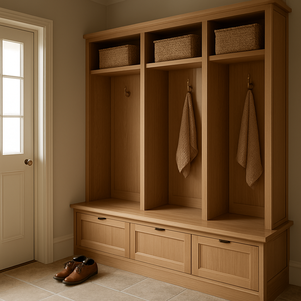 Custom wood cabinetry with open shelving, ceramics, and restrained brass details