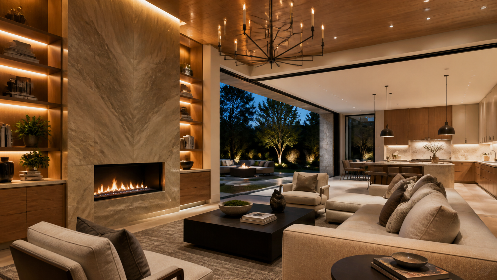 Luxury great room with bookmatched stone fireplace, illuminated millwork, custom kitchen, and indoor-outdoor living