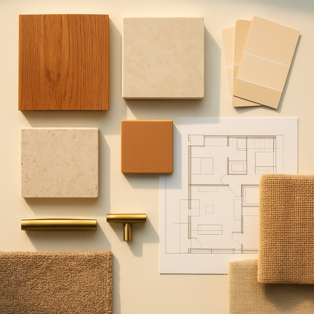 Curated natural stone, wood, hardware, and textile selections during design development