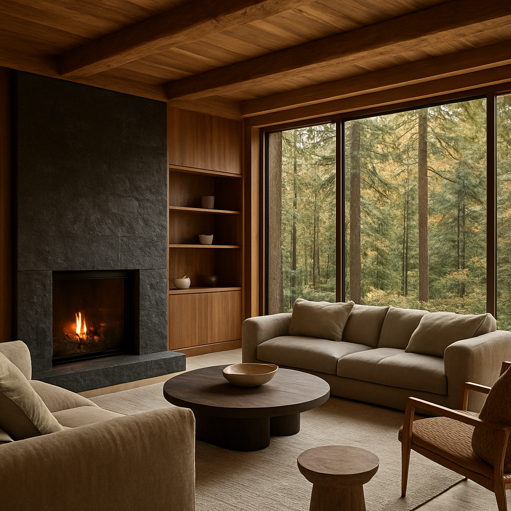 Sophisticated living space with custom millwork, fireplace, and woodland views