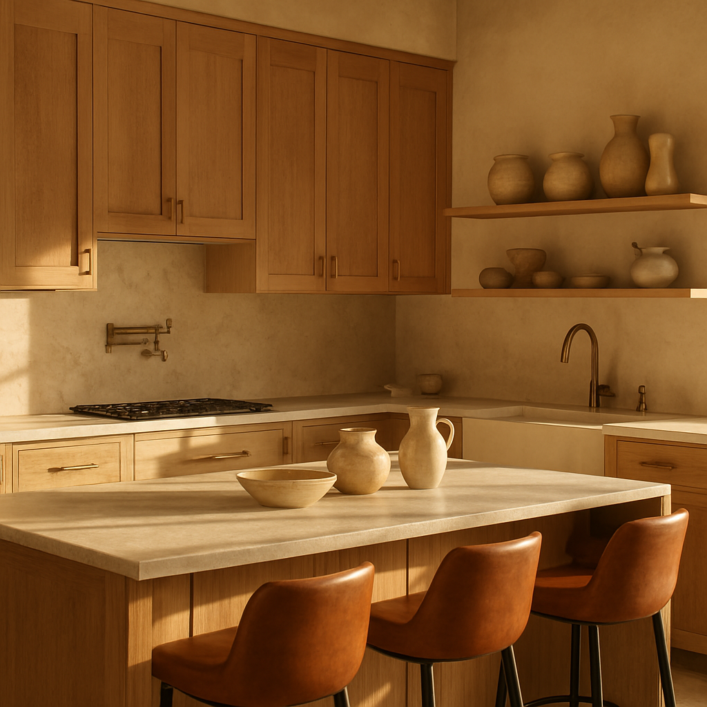 Warm kitchen with custom cabinetry, stone surfaces, and integrated lighting