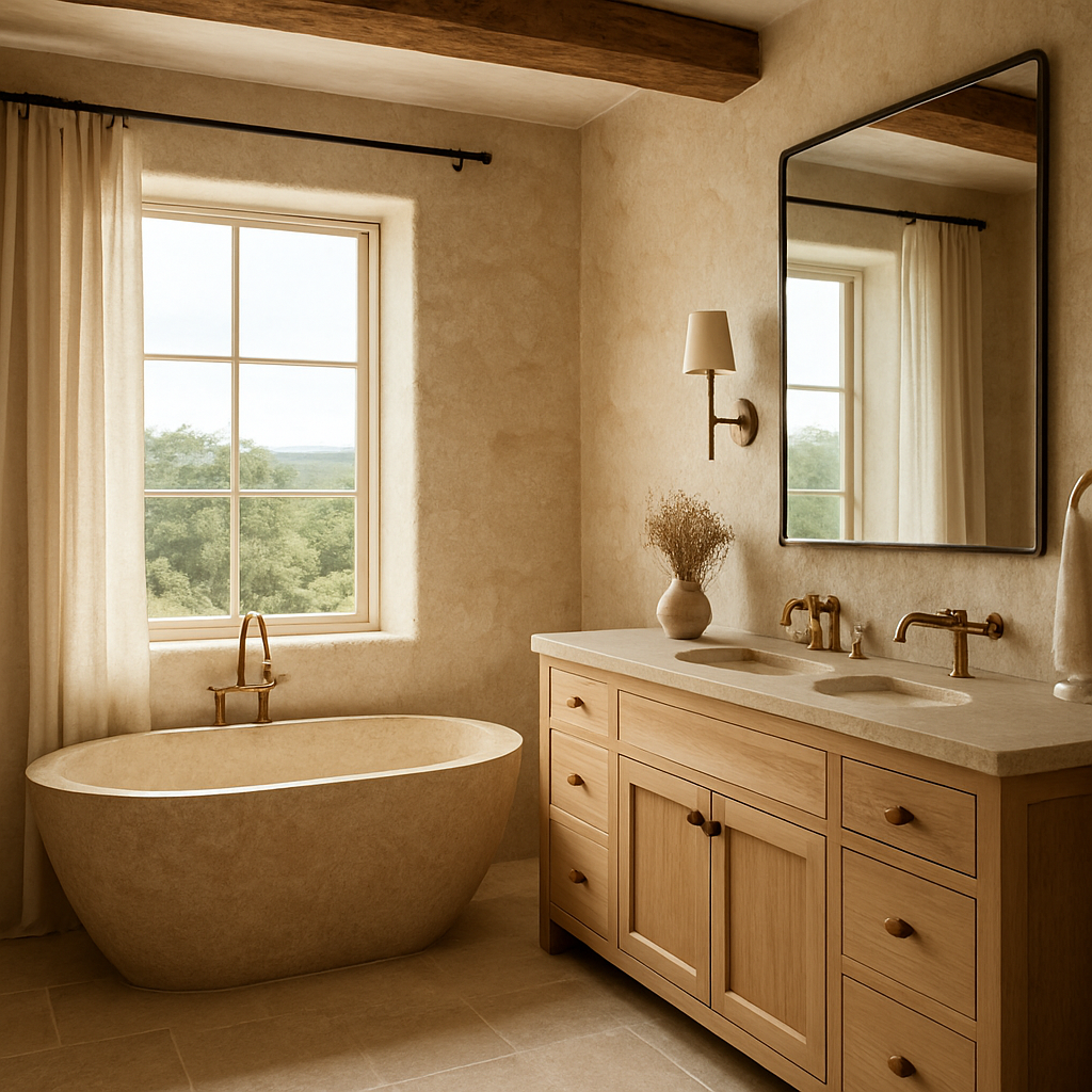Warm bathroom with a sculptural tub, custom vanity, and architectural details