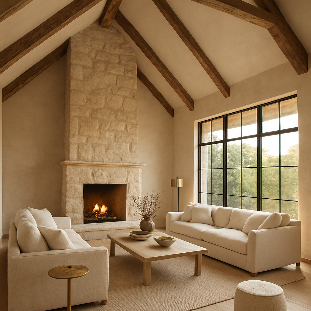 Warm luxury living room with stone fireplace, timber ceiling, and expansive steel-framed windows