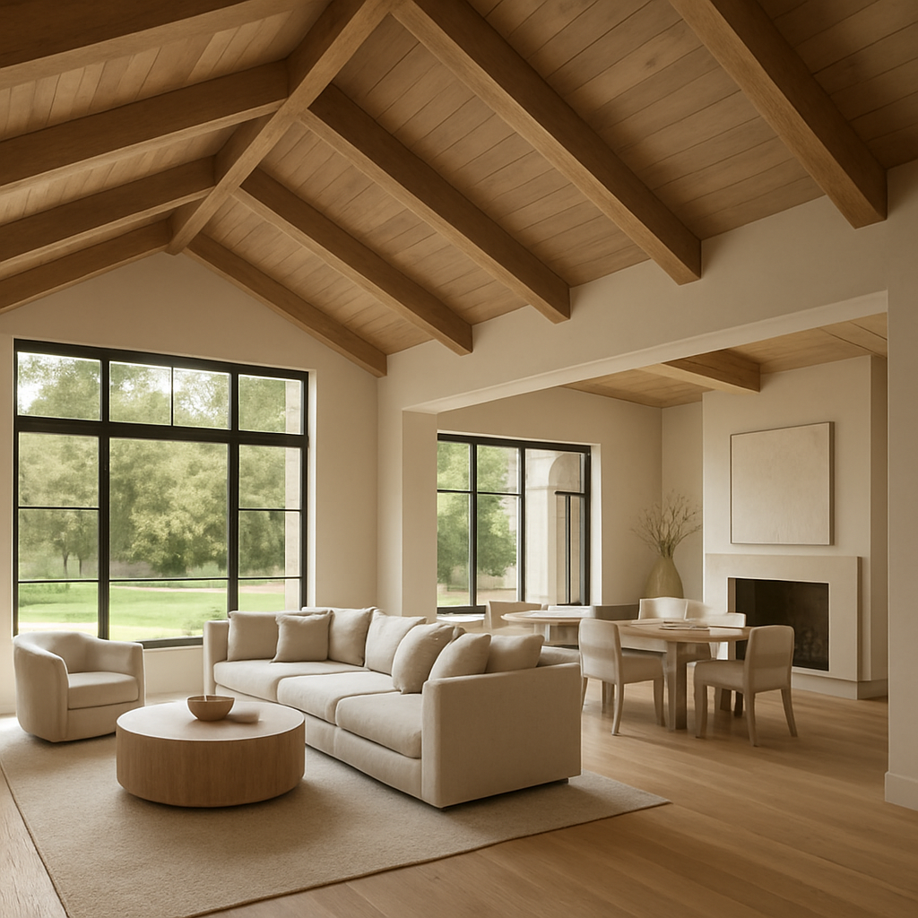 Elegant open-concept luxury home interior with vaulted wood ceilings
